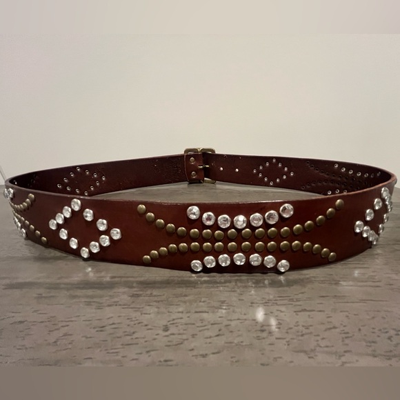 Linea Pelle Leather Crystal & Studs Belt - Dark Brown - Size Large - Like New! - Picture 2 of 8